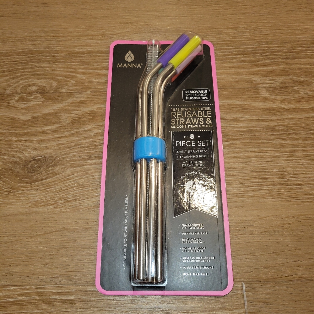 MANNA 18/8 Stainless Steel Reusable Straws & Silicone Straw Holder 8 Piece Set